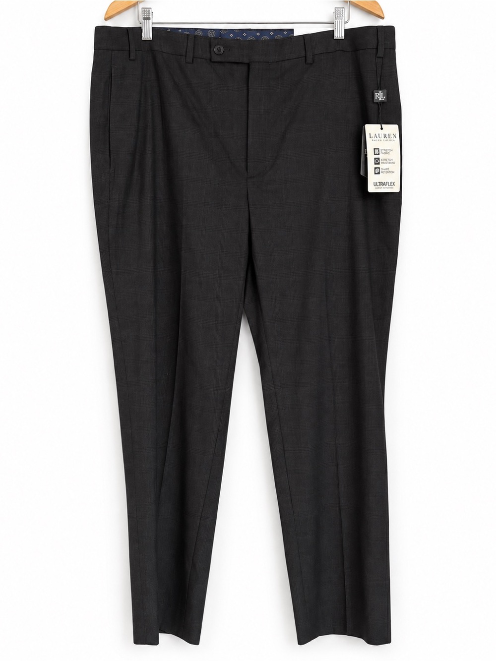 Ralph Lauren 42x32 Dark Black Check Office stretch no wrinkle Dress Pants Men's